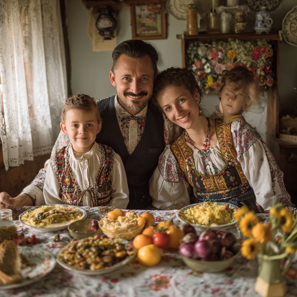 Femeie zâmbitoare de origine română în vârstă de 35 de ani ținând o farfurie cu mâncare sănătoasă colorată în bucătăria ei modernă